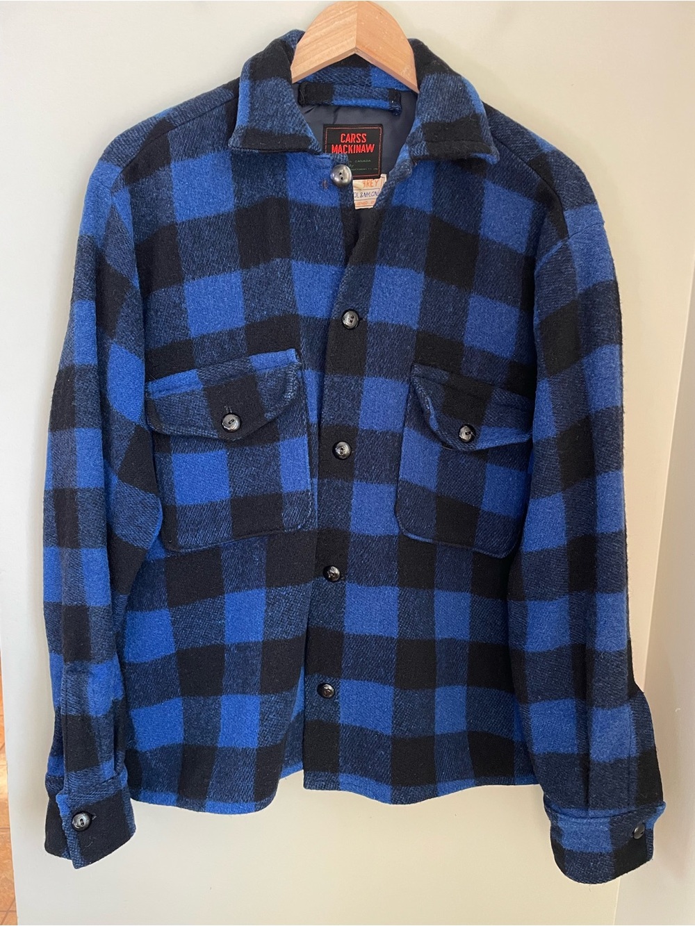 Vintage Carss Mackinaw Blue & Black Buffalo Check Wool Shacket Size Large